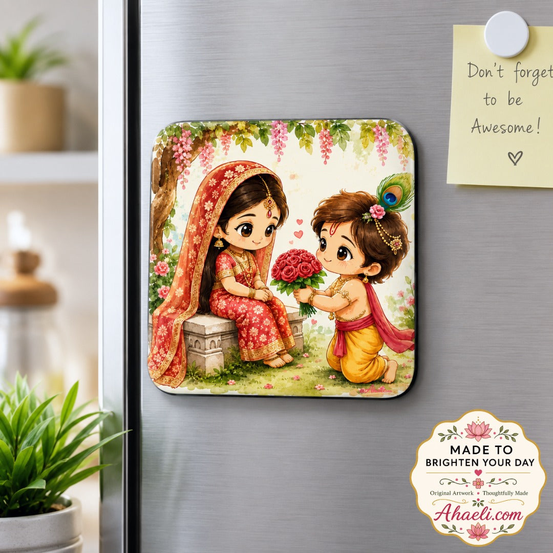 Radha Krishna Blissful Bloom fridge magnet featuring Krishna presenting a bouquet to Radha in a beautiful floral garden.