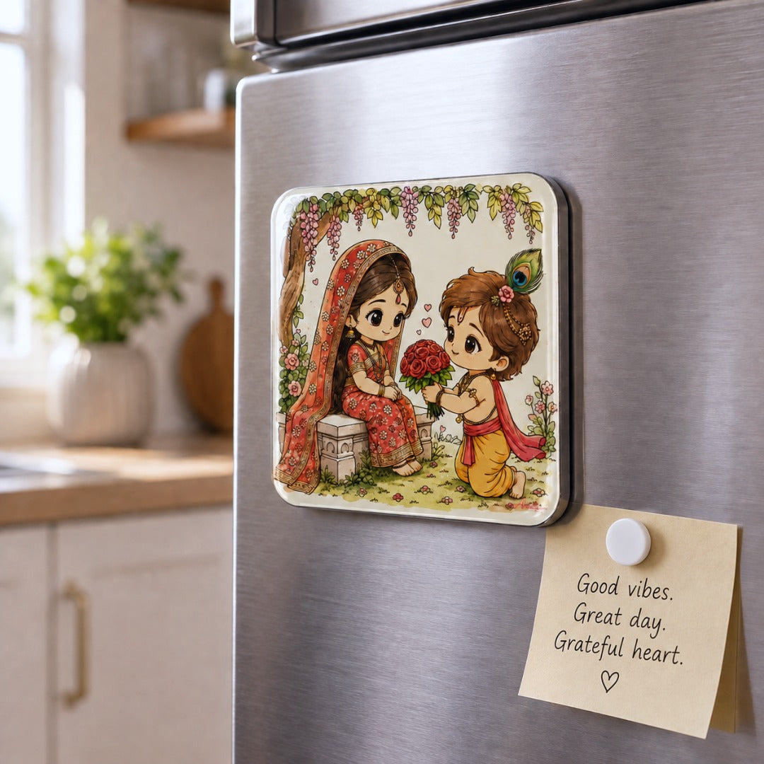 Radha Krishna fridge magnet displayed on a refrigerator
