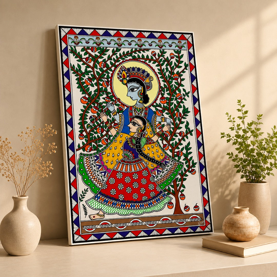 Ahaeli Radha Krishna Madhubani art canvas painting with traditional Mithila folk art design