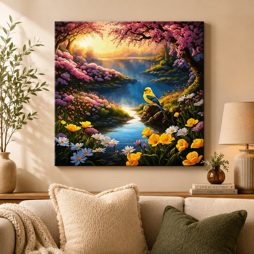 Riverside bird painting featuring a colorful bird perched beside a flowing stream surrounded by blooming flowers, lush greenery, and a serene nature landscape.