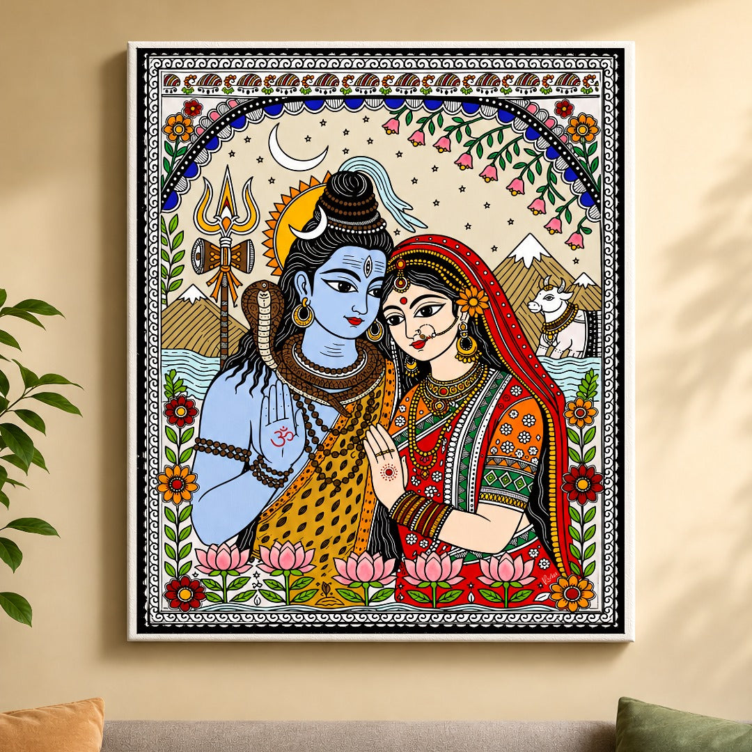 Lord Shiva and Goddess Parvati Madhubani style canvas wall art featuring traditional Indian folk painting with floral borders and spiritual decor.