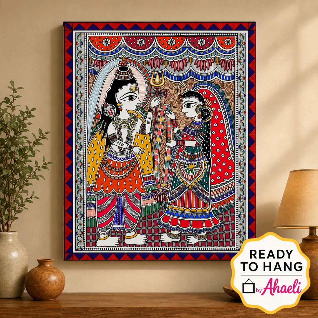 Shiv Parvati Vivah Madhubani Painting depicting the divine wedding of Lord Shiva and Goddess Parvati in traditional Mithila folk art style.