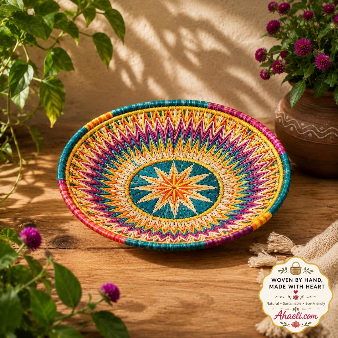 Handcrafted colorful Sikki grass decorative basket in wide bowl shape for boho wall and table décor