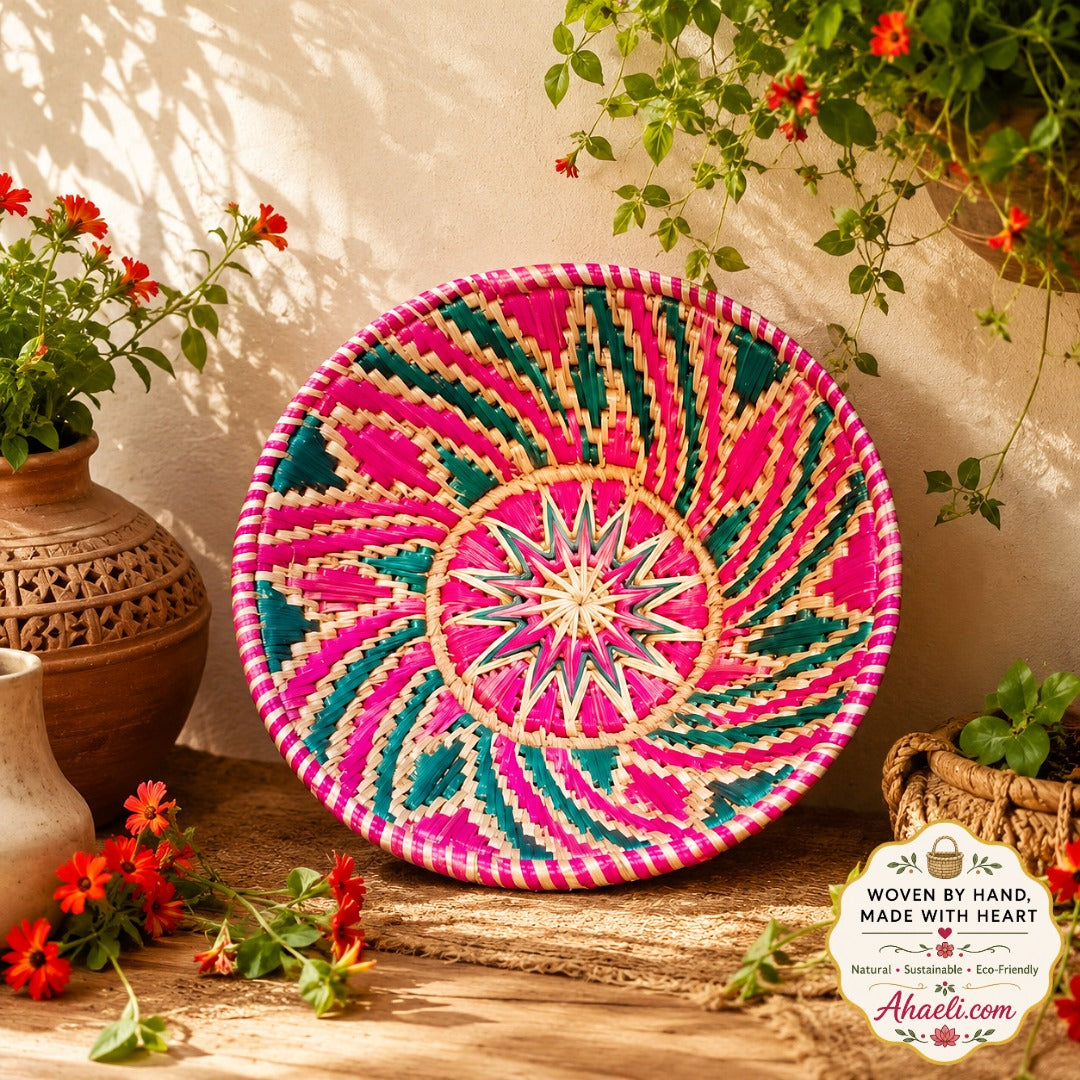 Spiral Bloom Sikki grass basket handwoven by women artisans in Bihar for sustainable home décor and wall decoration