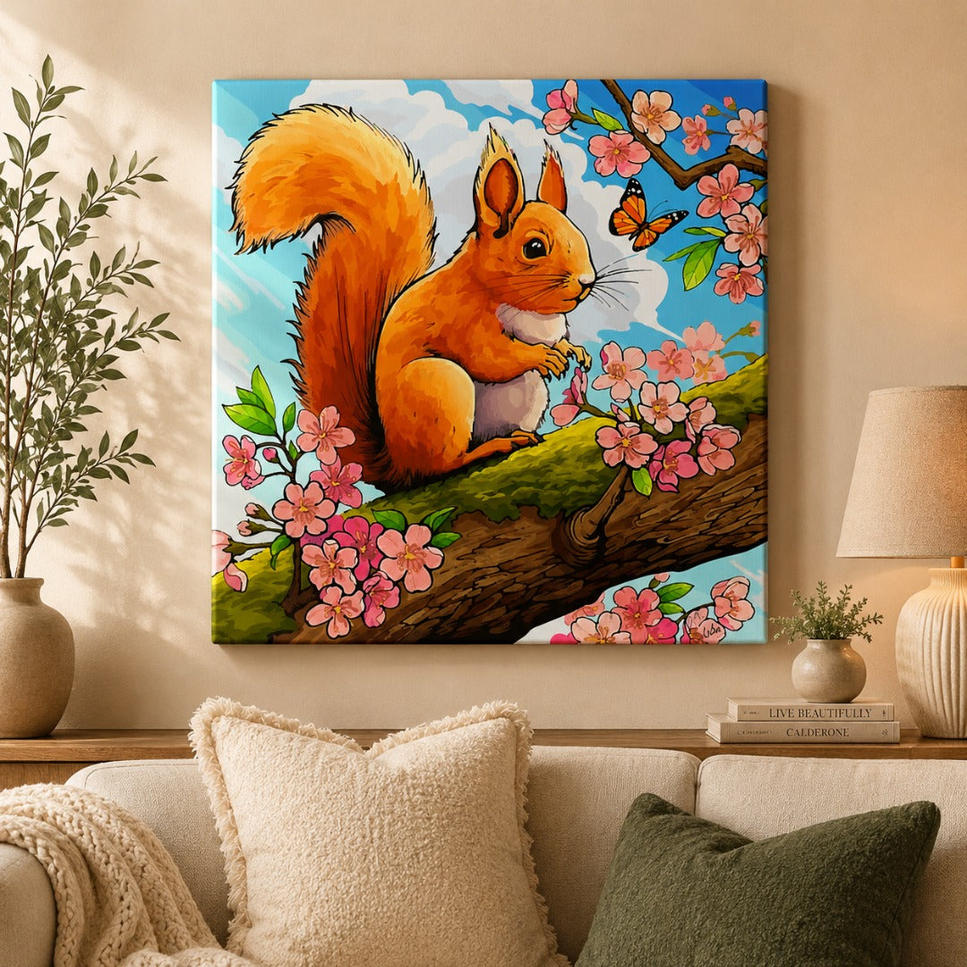 Cute squirrel sitting on a tree branch surrounded by pink blossoms and a butterfly, nature wildlife art canvas painting for home décor.