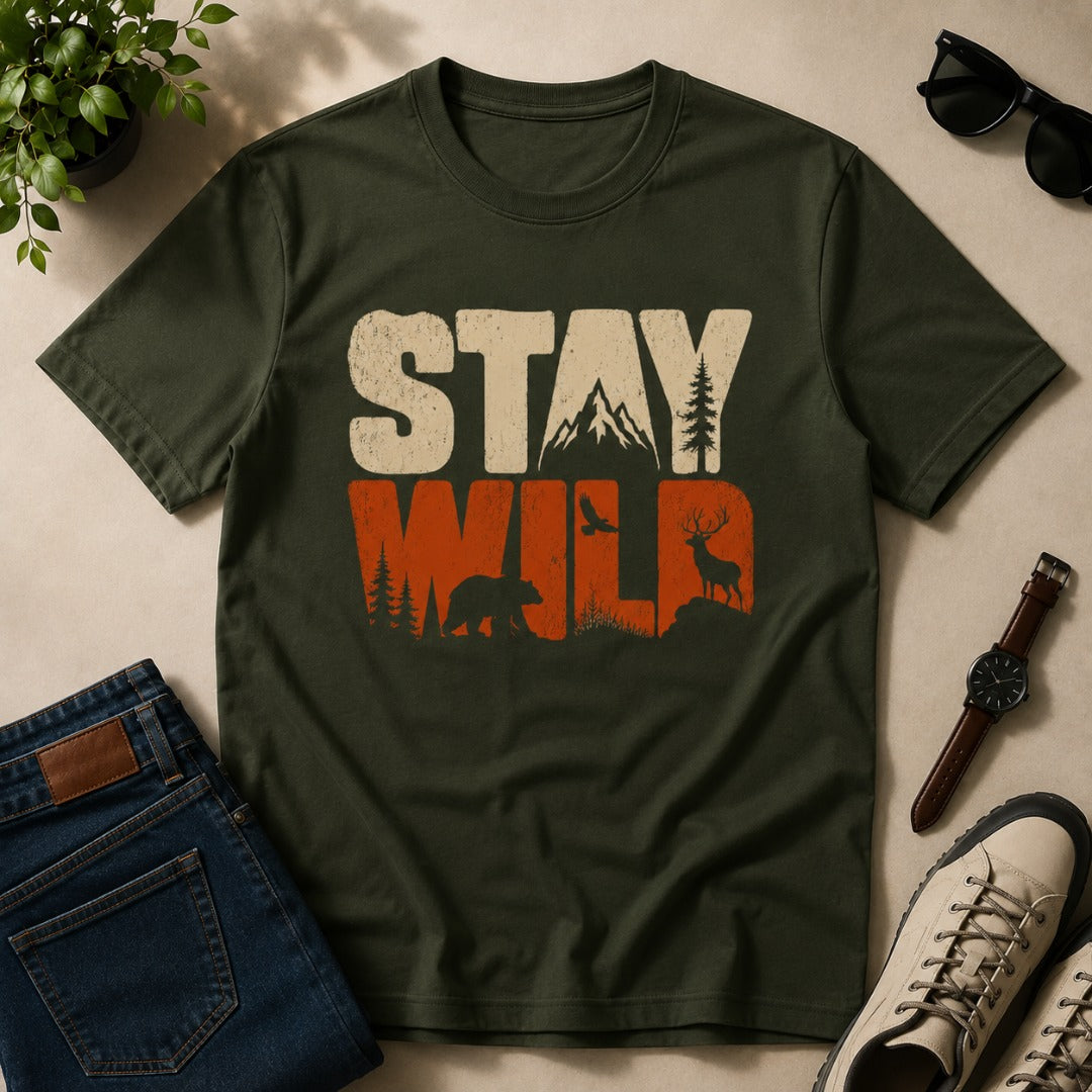 Men's olive green cotton T-shirt featuring a Stay Wild graphic with mountains, bear, deer, pine trees, and bird silhouettes in a vintage wildlife design.