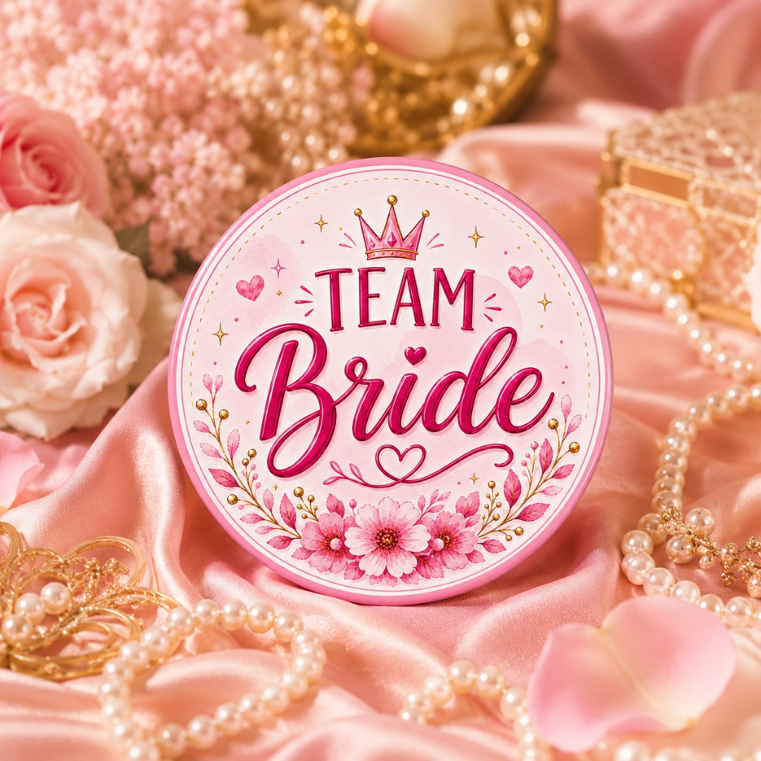 Team Bride wedding badge with pink floral design for bridal party celebrations.
