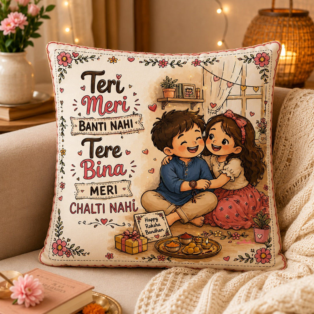 Ahaeli handcrafted cushion cover with Teri Meri sibling design for Raksha Bandhan