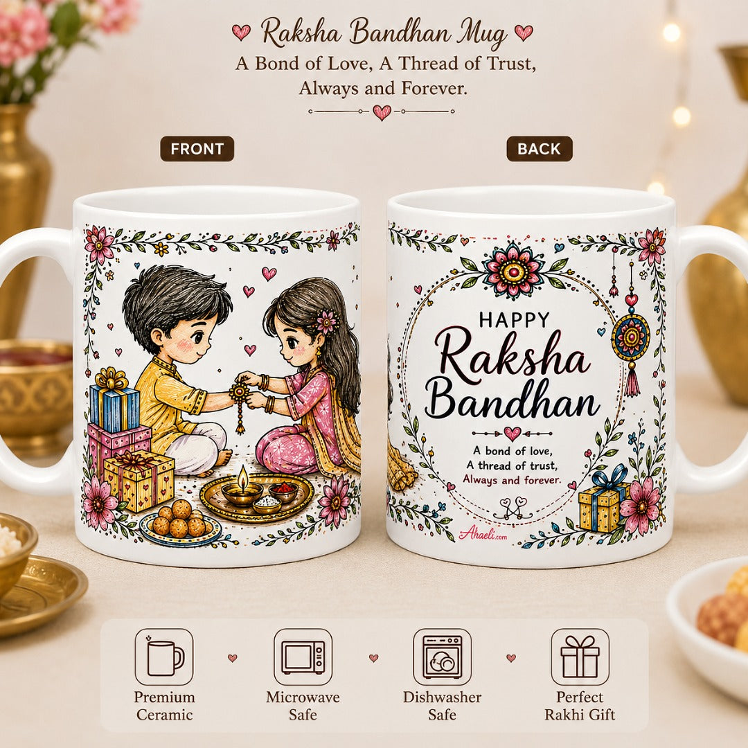 Front and back mockup of Thread of Love Raksha Bandhan ceramic mug featuring brother and sister festive illustration