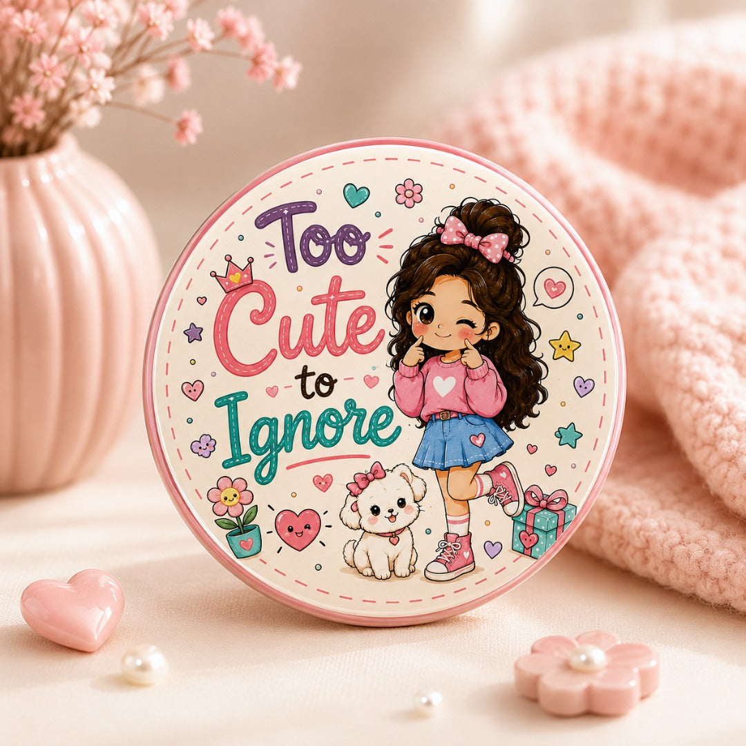 Too Cute to Ignore kawaii girl badge featuring a cute cartoon girl with puppy on a premium glossy 58mm round metal pin button.