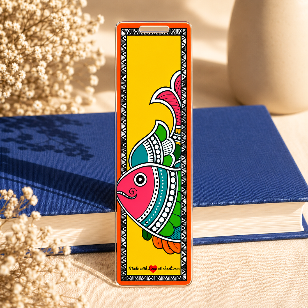 Traditional Madhubani Fish Acrylic Bookmark featuring colorful Mithila folk art design, handmade-inspired Indian art bookmark for book lovers and unique gifting.
