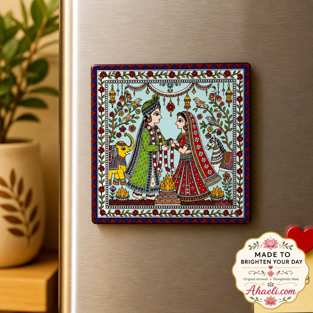 Traditional Wedding Fridge Magnet featuring a bride and groom in a Mithila folk painting style with vibrant Madhubani art and traditional wedding motifs.