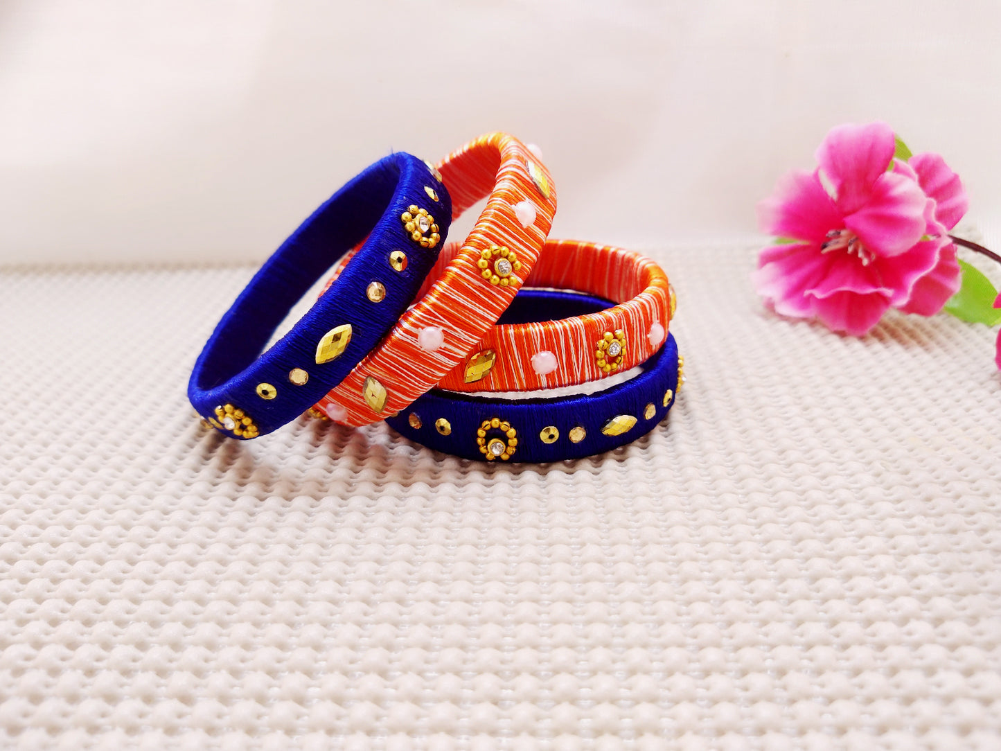 Silk Bangles - Blue and Orange Bangles (Set of 4) - Ahaeli