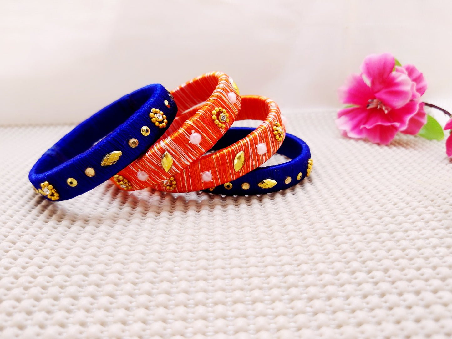 Silk Bangles - Blue and Orange Bangles (Set of 4) - Ahaeli