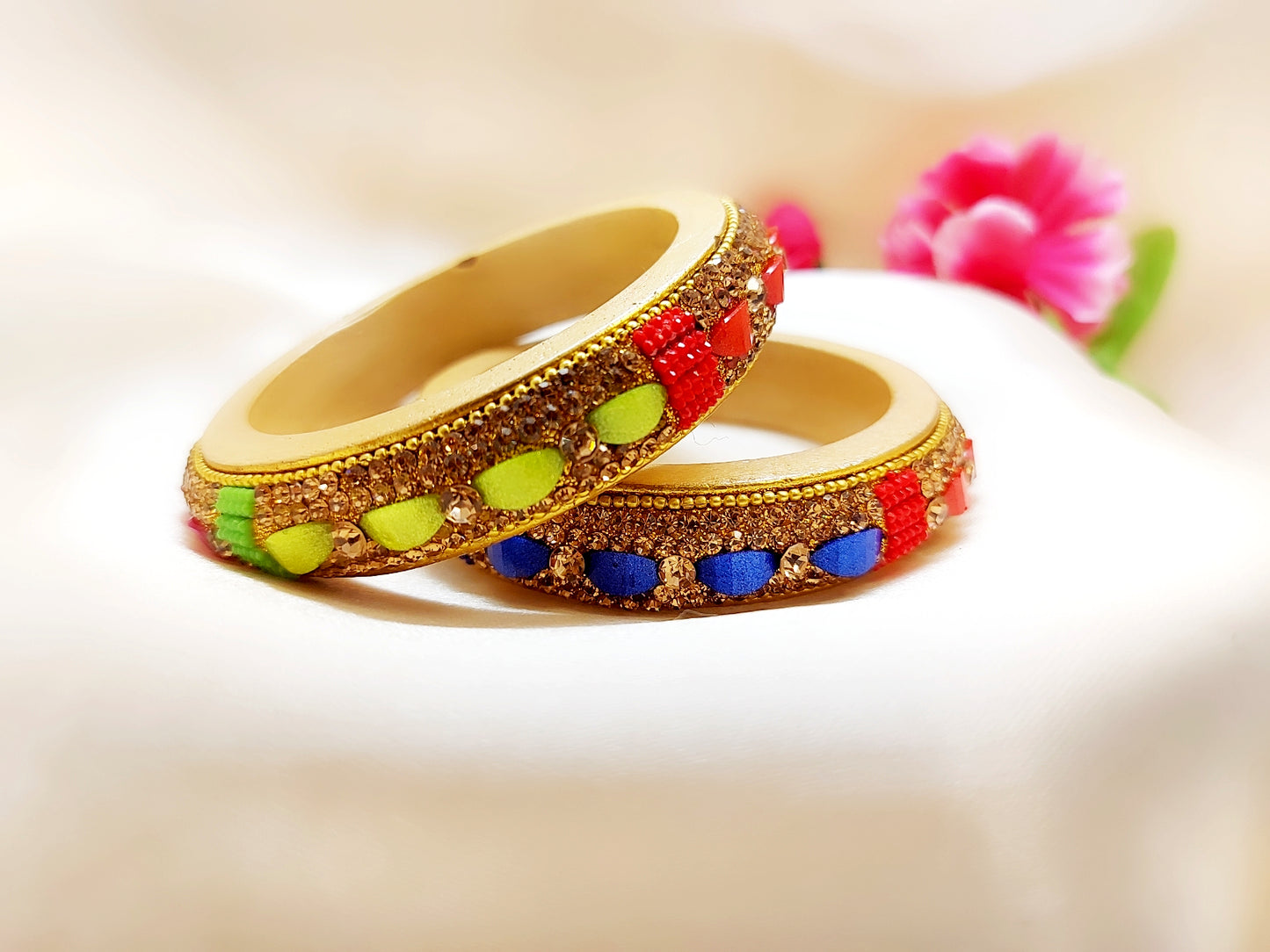 Lac Bangles - Cream Lac with Multi-Color Beads (Set of 2) - Ahaeli