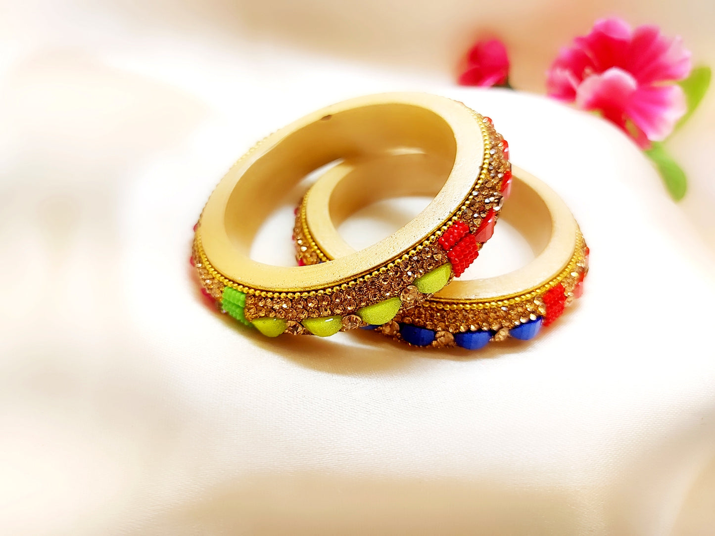 Lac Bangles - Cream Lac with Multi-Color Beads (Set of 2) - Ahaeli