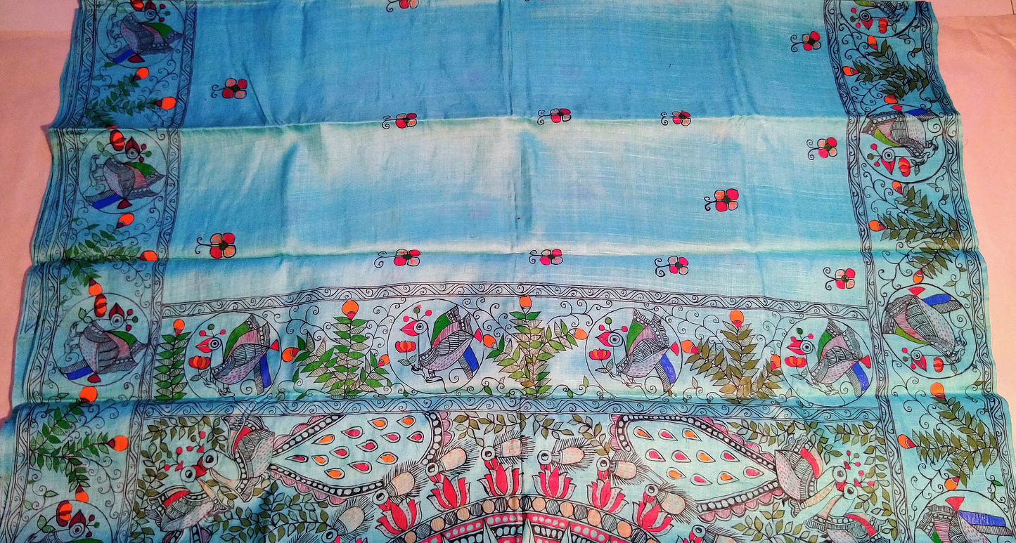 Saree - Mithila Painting Teal Blue - Ahaeli