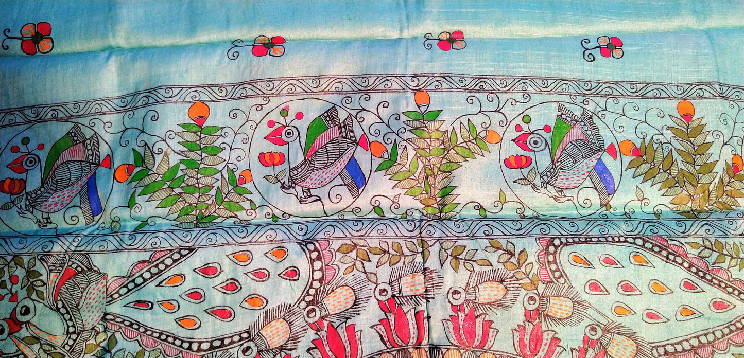 Saree - Mithila Painting Teal Blue - Ahaeli