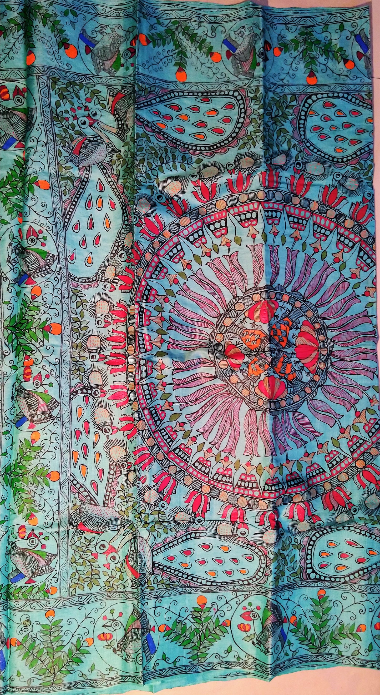 Saree - Mithila Painting Teal Blue - Ahaeli