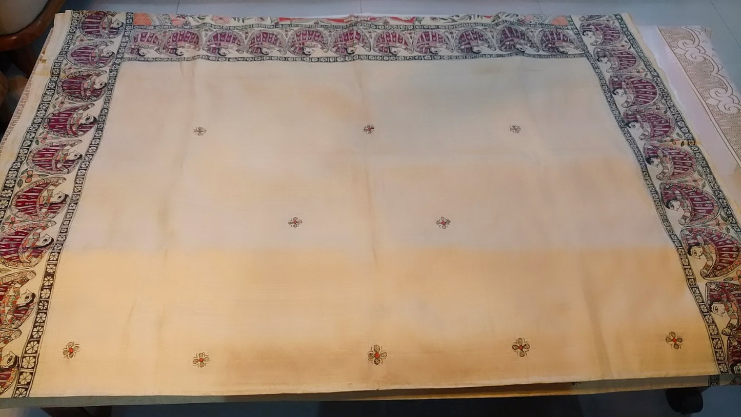 Saree - Goddess Laxmi Mithila Painting Cream color - Ahaeli