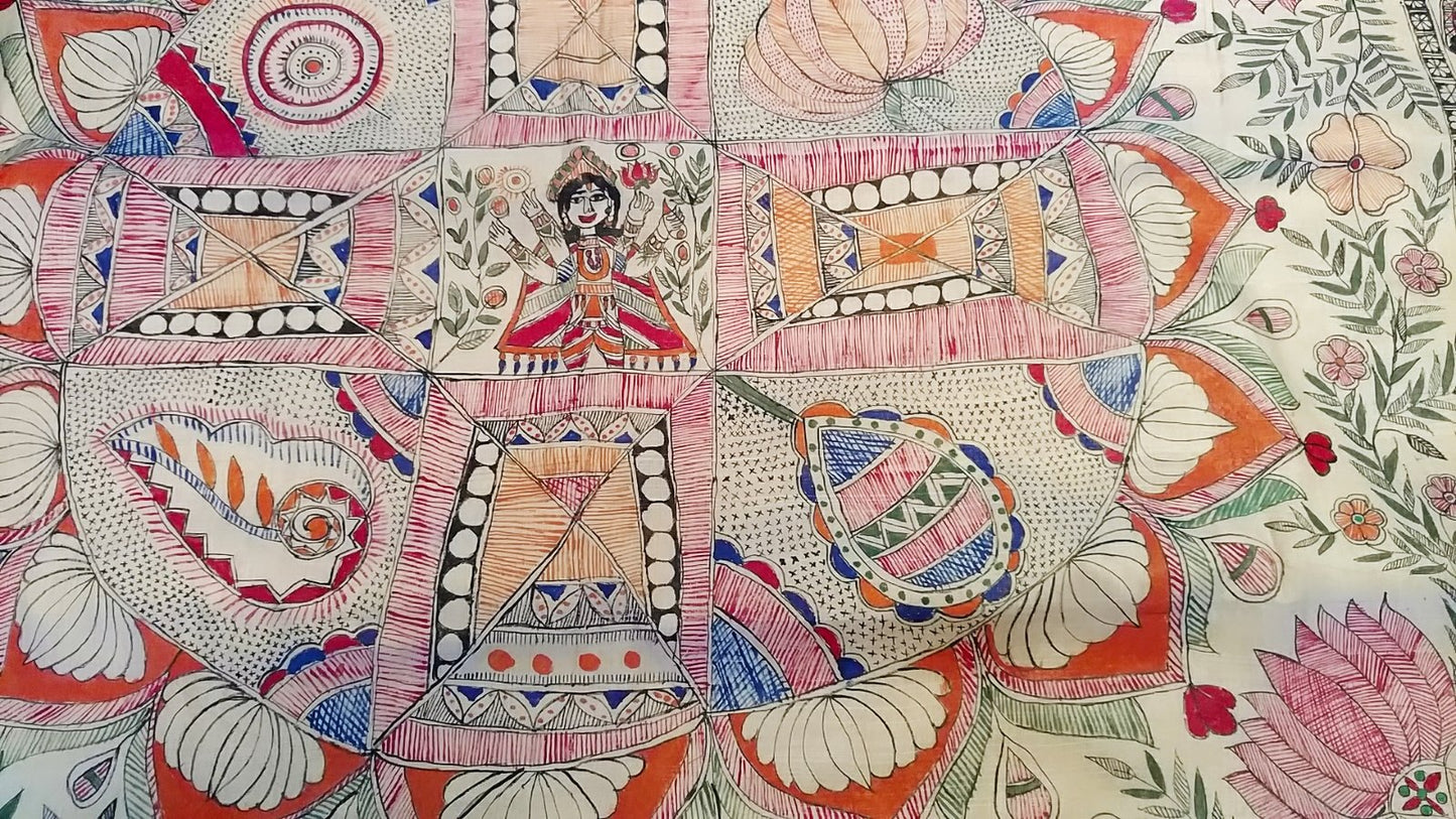 Saree - Goddess Laxmi Mithila Painting Cream color - Ahaeli