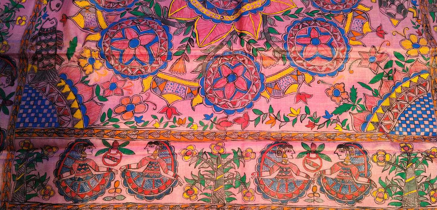 Saree - Mithila Painting Pink - Ahaeli