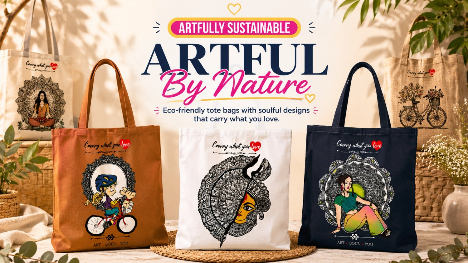 Ahaeli eco-friendly tote bags collection featuring artistic printed canvas bags with handmade inspired designs