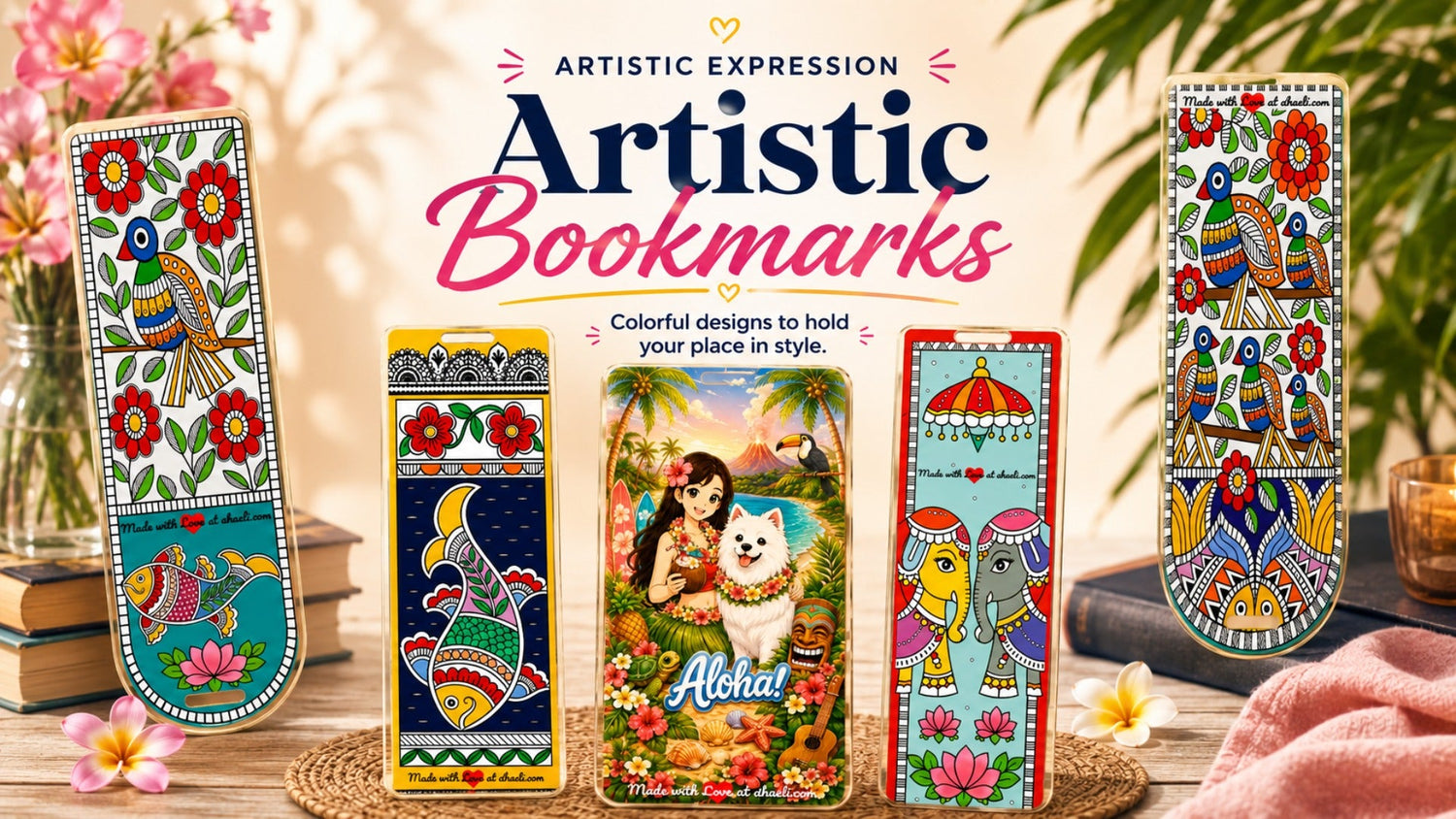 Ahaeli artistic bookmarks collection featuring colorful handmade bookmark designs with floral, folk art and decorative illustrations.
