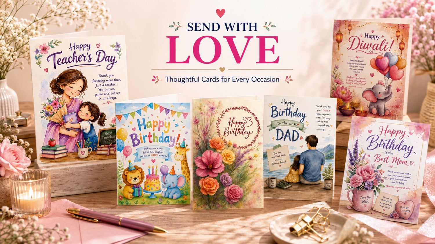Ahaeli cards for every occasion greeting card collection featuring birthday, Diwali and Teacher's Day designs