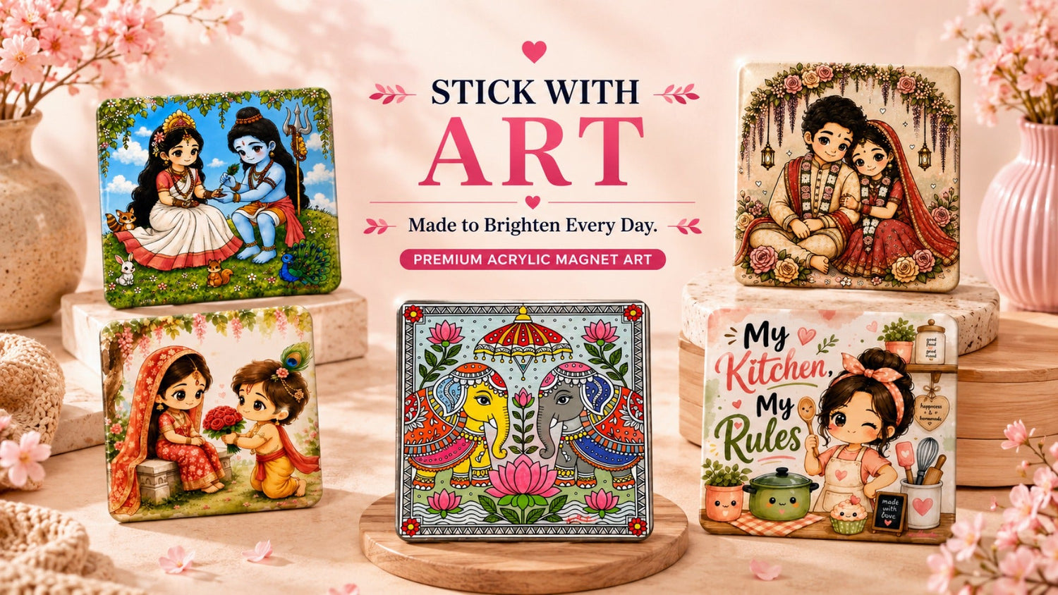 Ahaeli premium acrylic magnet collection featuring cute Krishna artwork, Madhubani elephant folk art, wedding couple illustrations, kitchen quote magnets, and handcrafted decorative fridge magnets.
