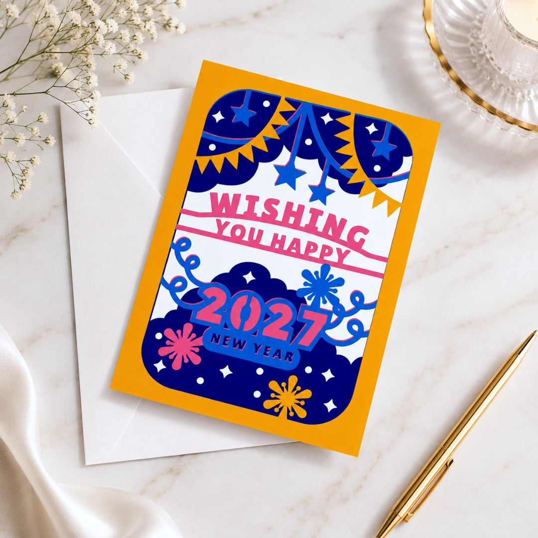 2027 Happy New Year greeting card digital download preview featuring SVG, PNG, DXF, and PDF files for Cricut, Silhouette, and printable crafts.