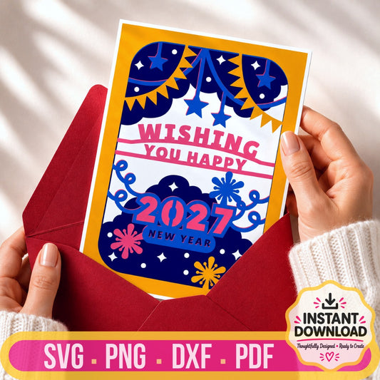 2027 Happy New Year greeting card with a premium red envelope, featuring a vibrant festive design and elegant presentation.