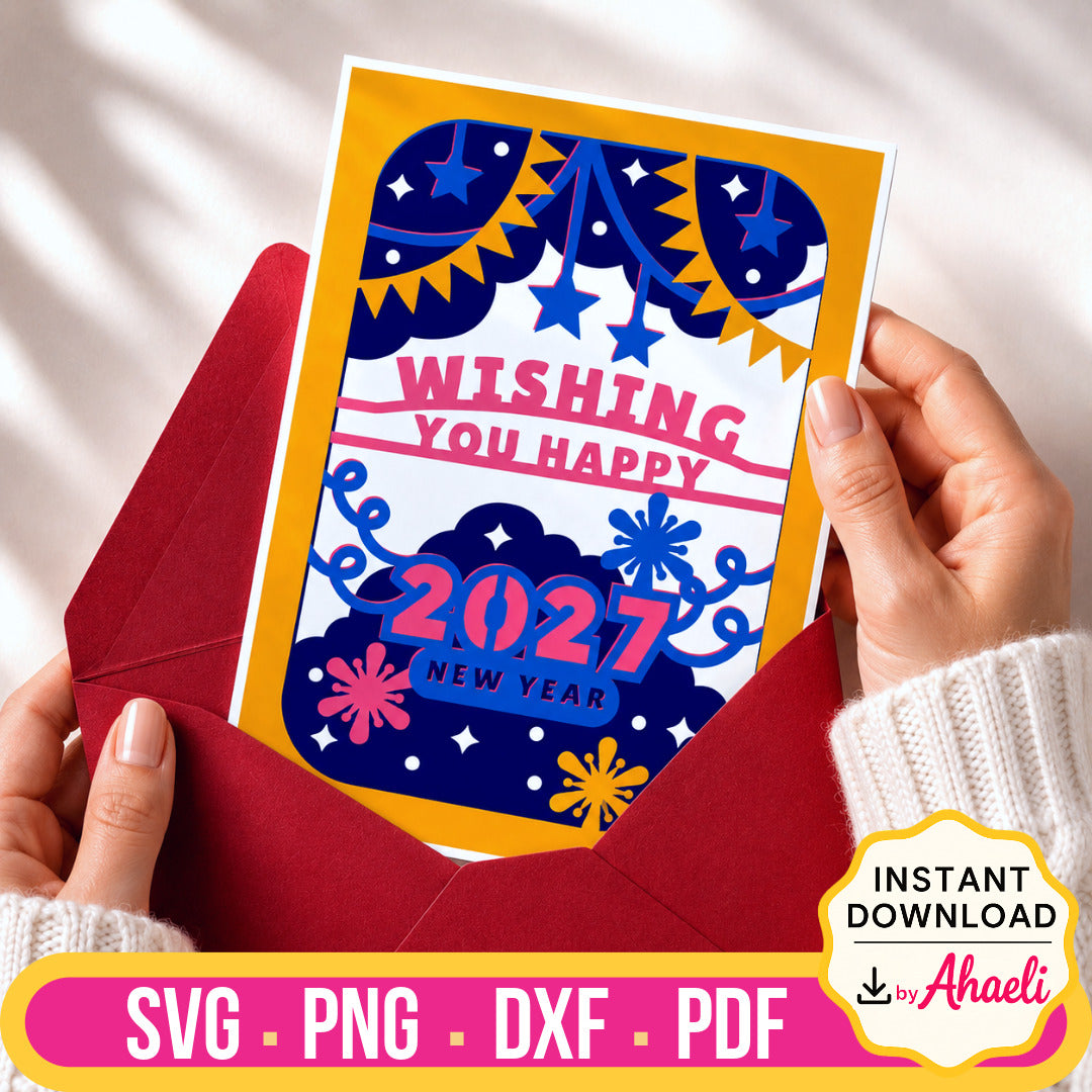 2027 Happy New Year greeting card with a premium red envelope, featuring a vibrant festive design and elegant presentation.