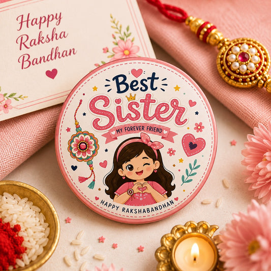 Best Sister Raksha Bandhan pin badge with cute girl illustration and festive rakhi design