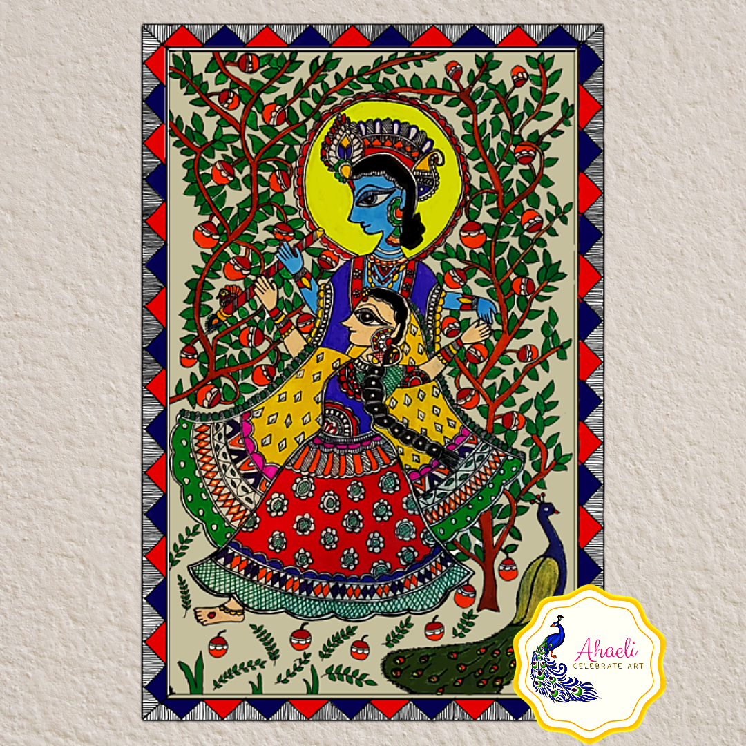 Paintings - Dancing Radha Krishna (Mithila Art) - Ahaeli