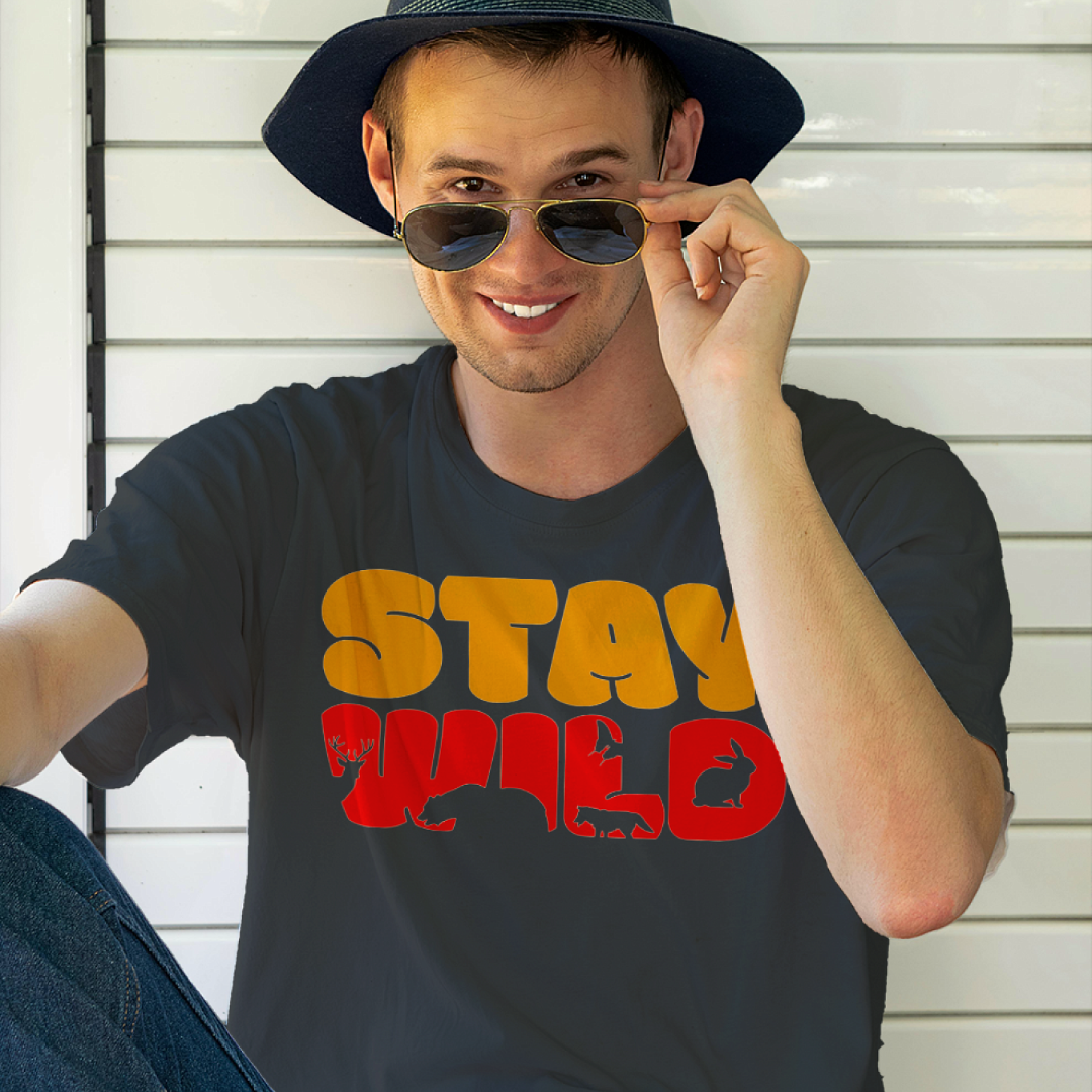 Stay Wild men's cotton t-shirt in steel grey with an animal inspired wildlife graphic