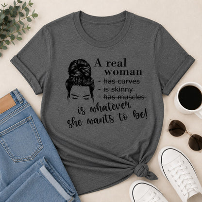A Real Woman women's cotton t-shirt in charcoal Melange featuring a body positive graphic design