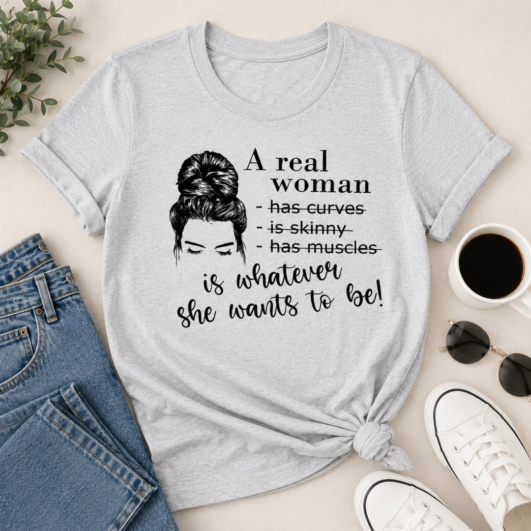 A Real Woman women's cotton t-shirt in gray melange featuring a body positive graphic design