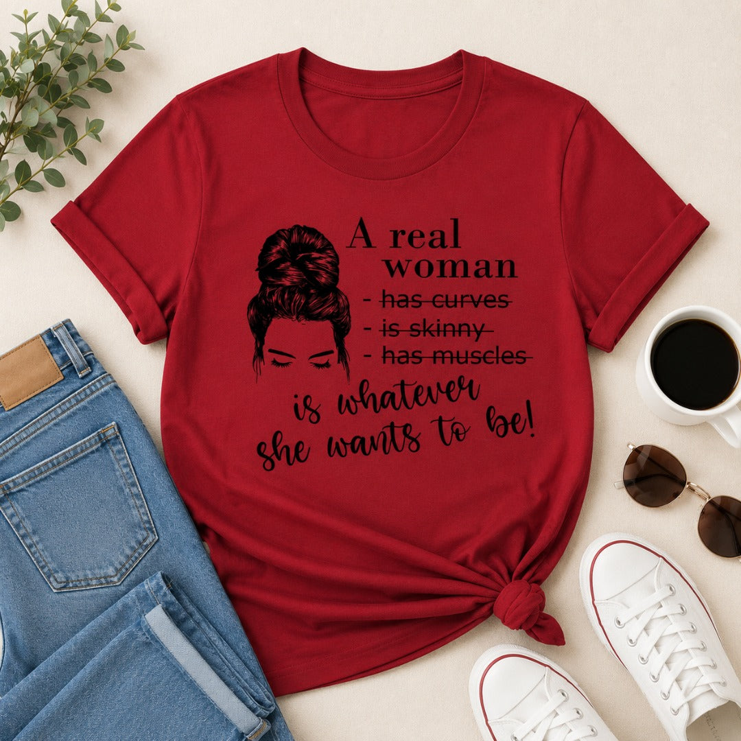 A Real Woman women's cotton t-shirt in red featuring a body positive graphic design