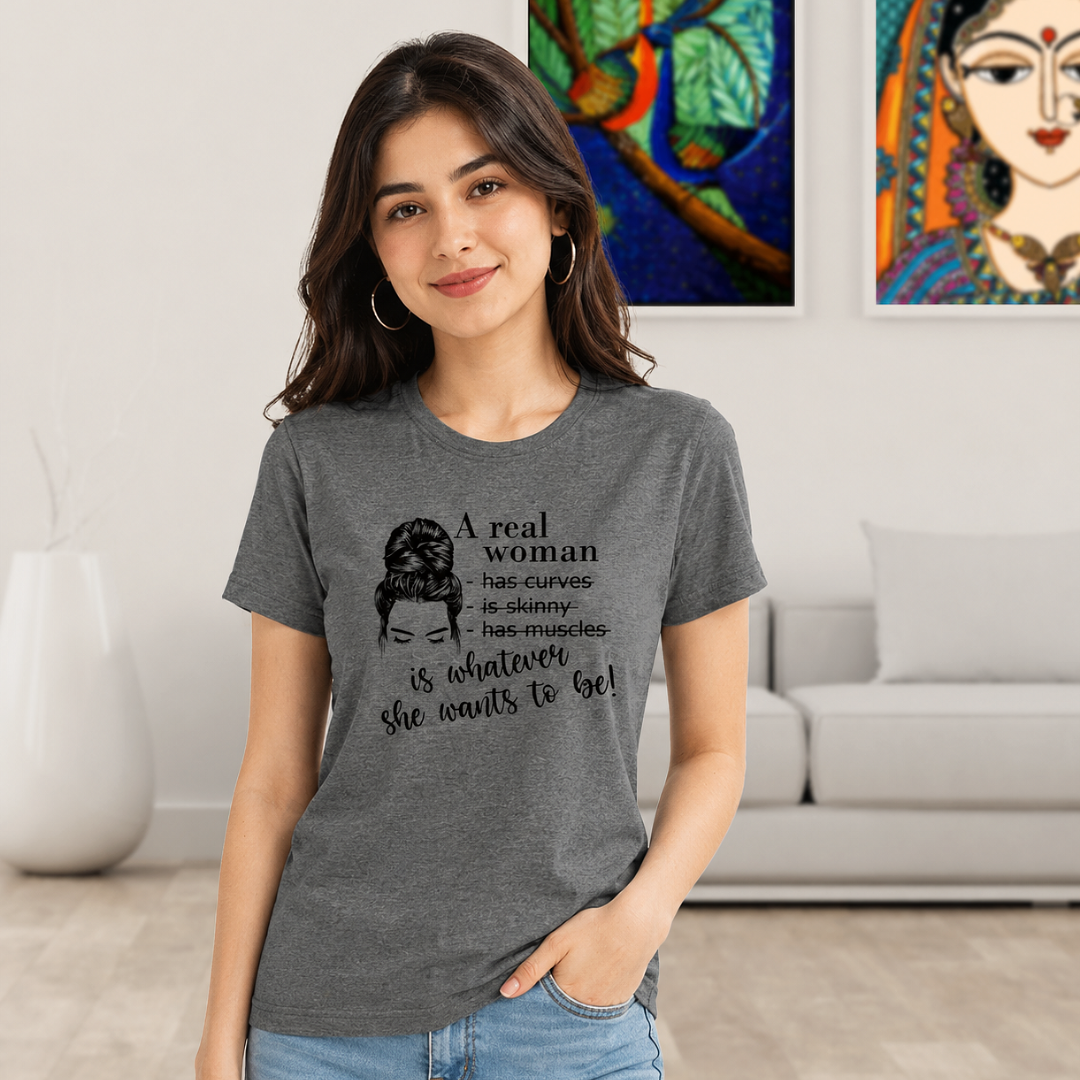 A Real Woman women's cotton t-shirt in charcoal grey featuring a body positive graphic design
