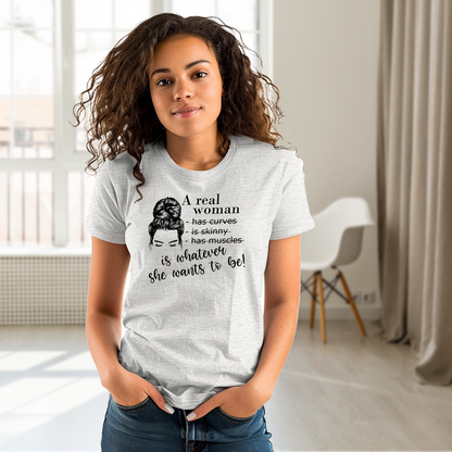 A Real Woman women's cotton t-shirt in grey milanage featuring a body positive graphic design