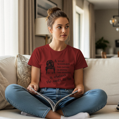 A Real Woman women's cotton t-shirt in red featuring a body positive graphic design