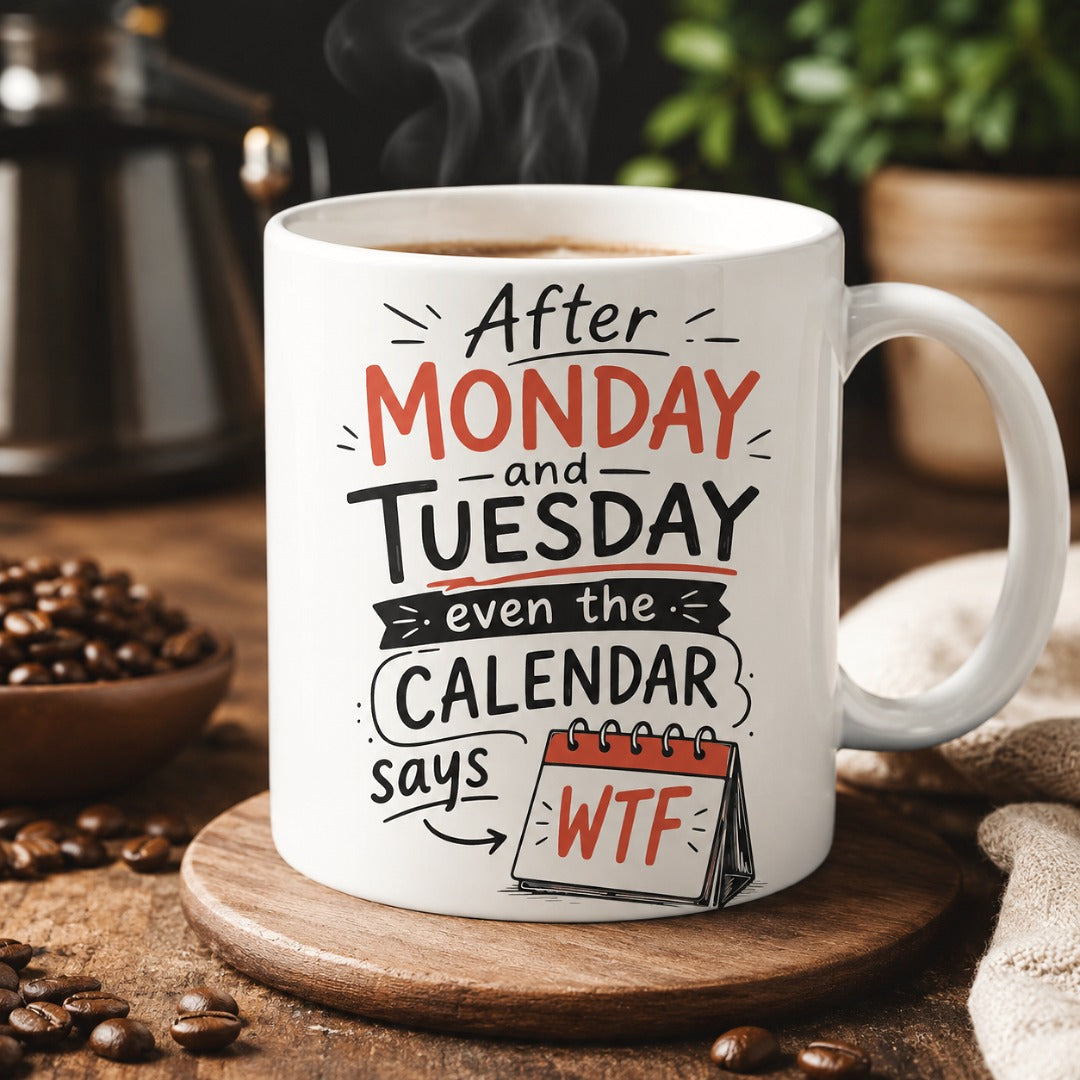 After Monday and Tuesday funny coffee mug featuring weekend loading graphic and office humor design on a white ceramic mug