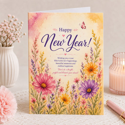 A Blooming New Year watercolor greeting card with colorful floral artwork and Happy New Year message