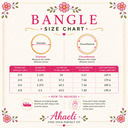 Ahaeli bangle size chart showing standard bangle sizes with diameter and circumference measurements along with a measurement guide.