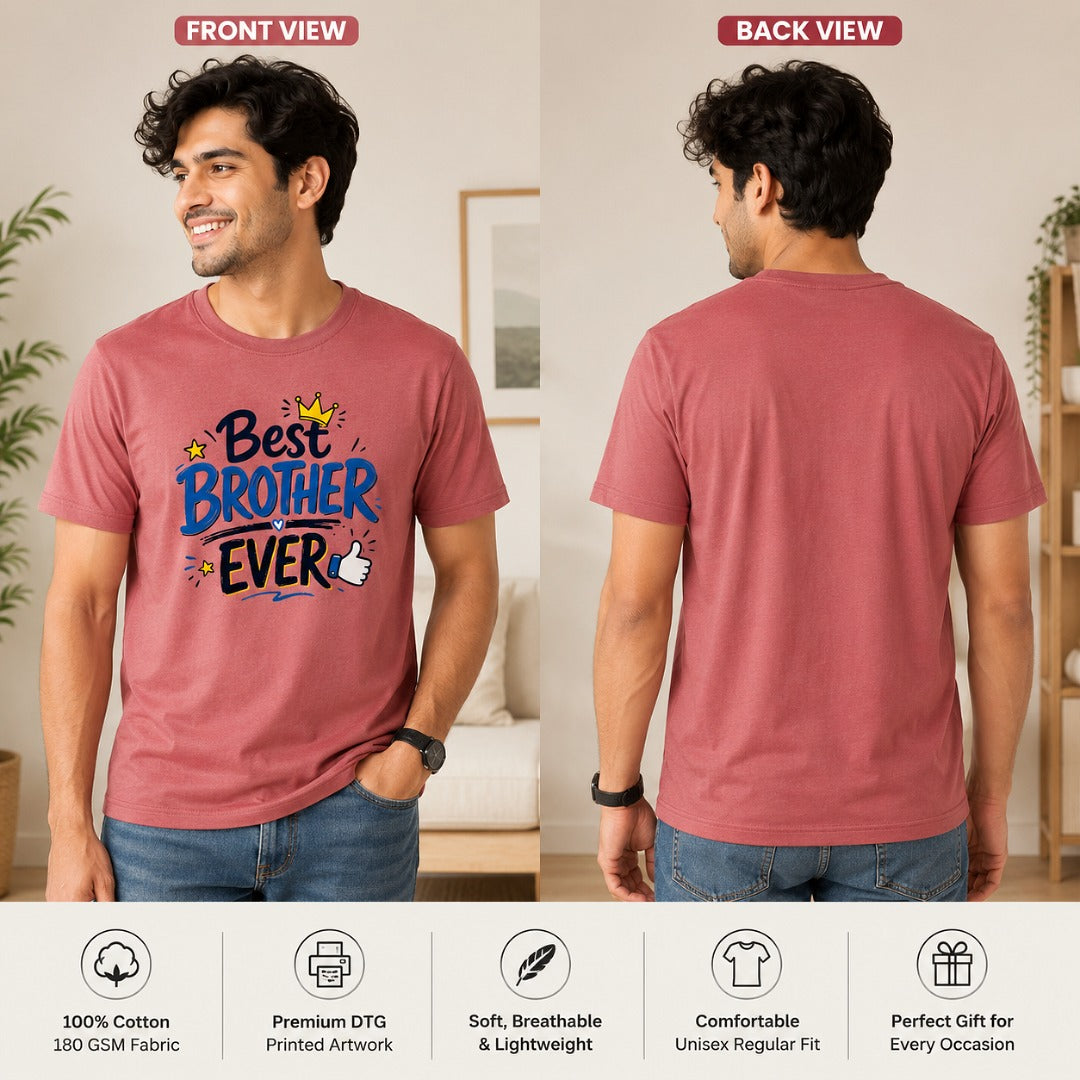 Ahaeli Best Brother Ever men's coral cotton T-shirt featuring a premium printed graphic, shown in front and back view, perfect for Raksha Bandhan gifting.
