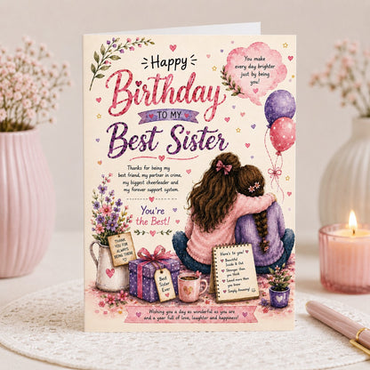 Best Sister Ever birthday card for sister with watercolor flowers, balloons and gifts