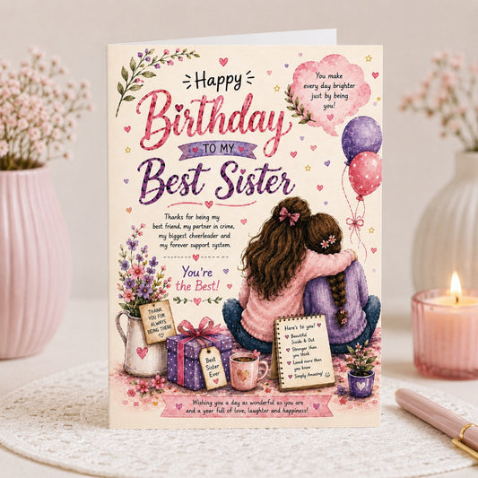 Best Sister Ever birthday card for sister with watercolor flowers, balloons and gifts