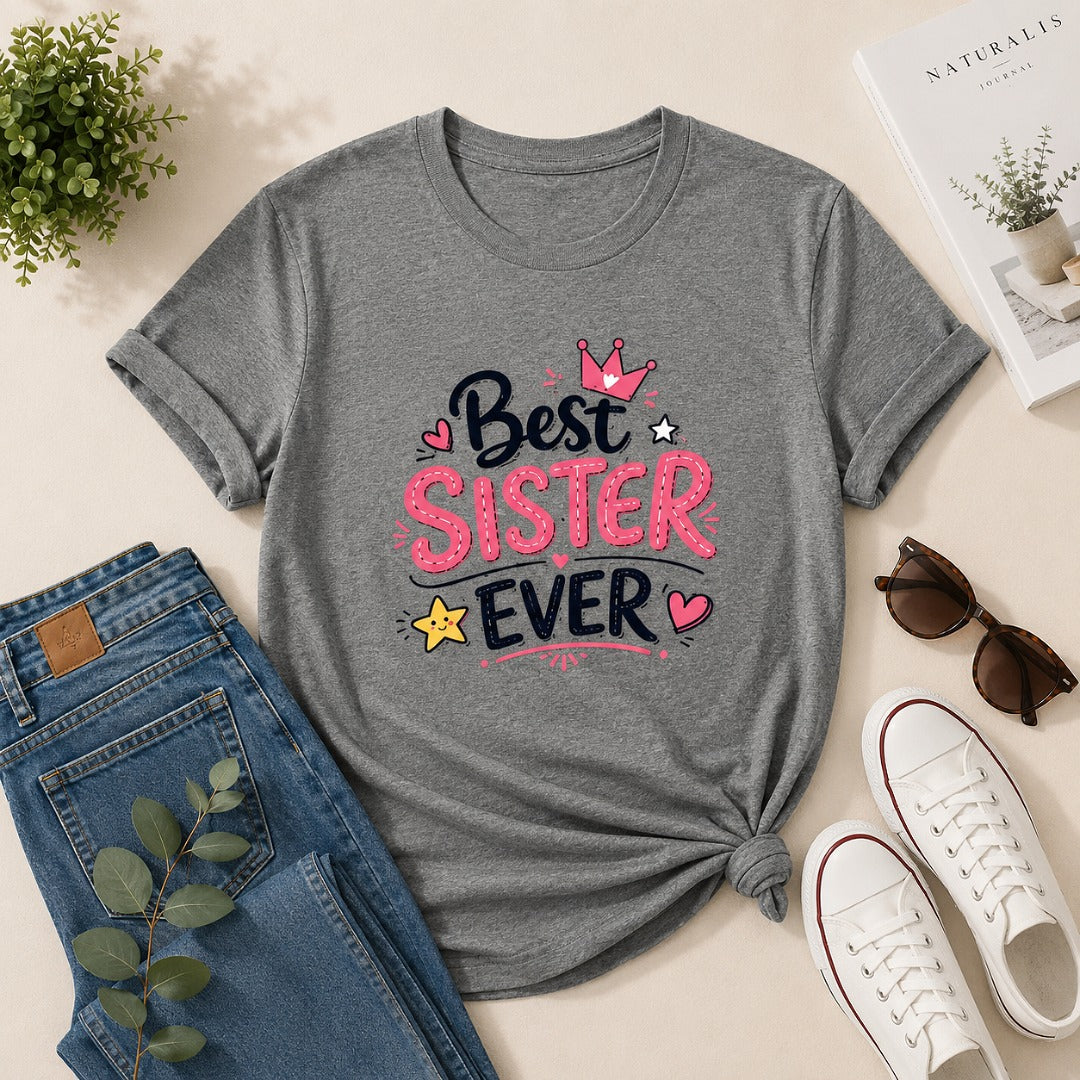 Ahaeli Best Sister Ever charcoal melange women's cotton T-shirt with premium graphic print.