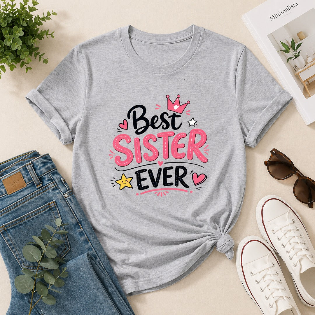 Ahaeli Best Sister Ever grey melange women's cotton T-shirt with premium graphic print.